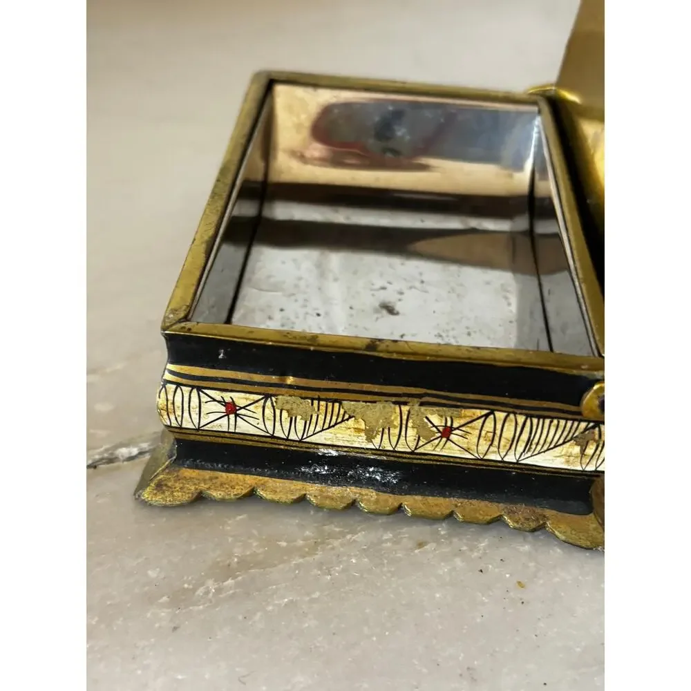 Vintage Brass & Black Lacquer Trinket Box Greek Key Classical Scene Jewelry Box